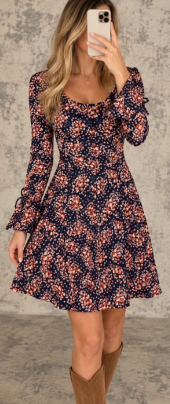 Boden Floral Fit & Flare Dress Navy Orange Long Sleeve US 8R
